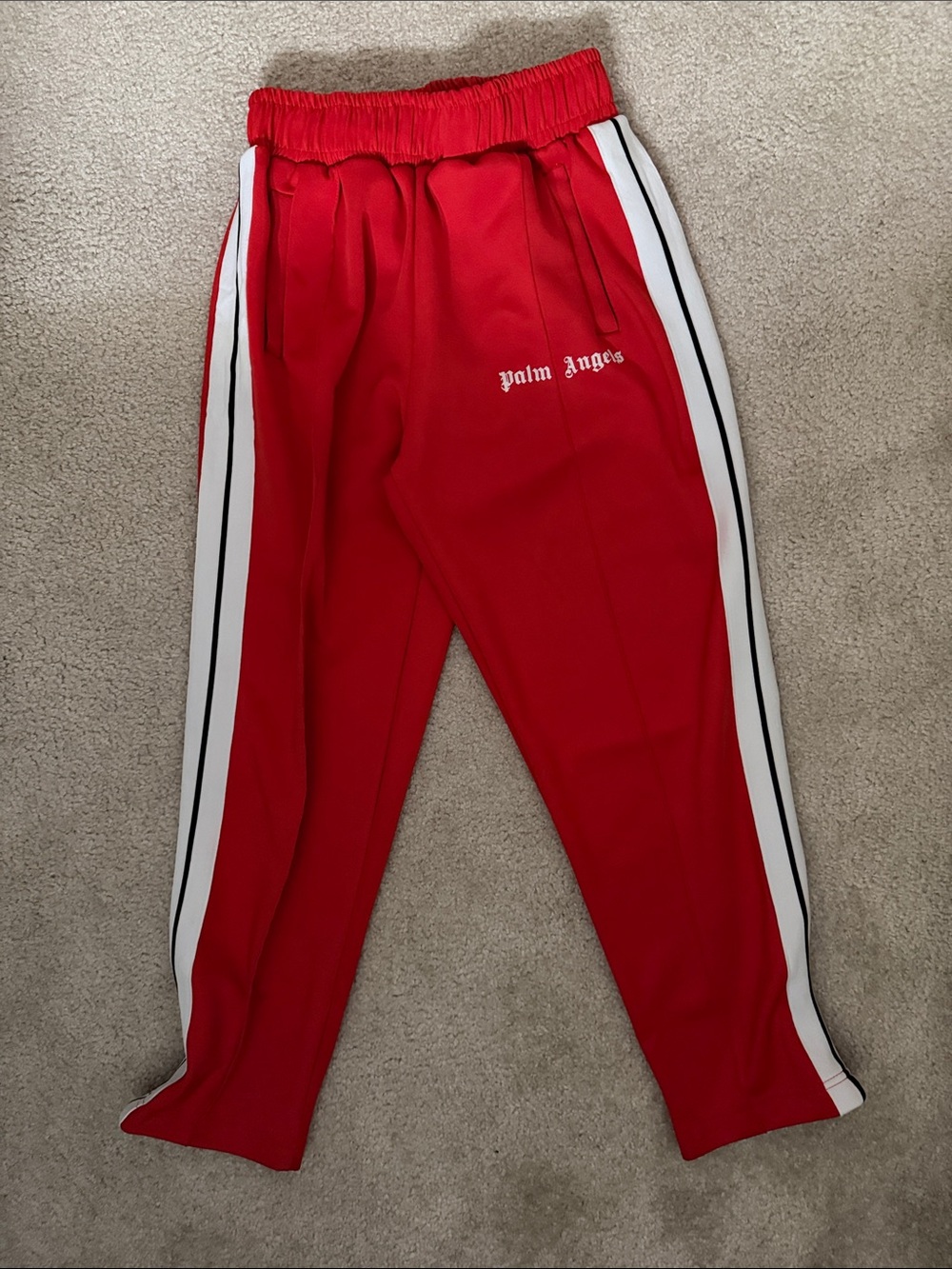 Palm Angels Red Track Pants with White & Black Side Stripes